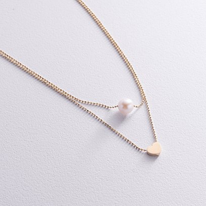 Двойное колье "Сердечко и жемчужина" (желтое золото) кол02544 №4