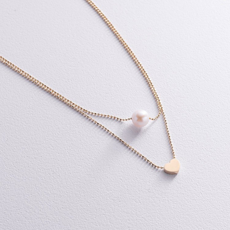 Двойное колье "Сердечко и жемчужина" (желтое золото) кол02544 от ювелирного магазина Оникс - 3