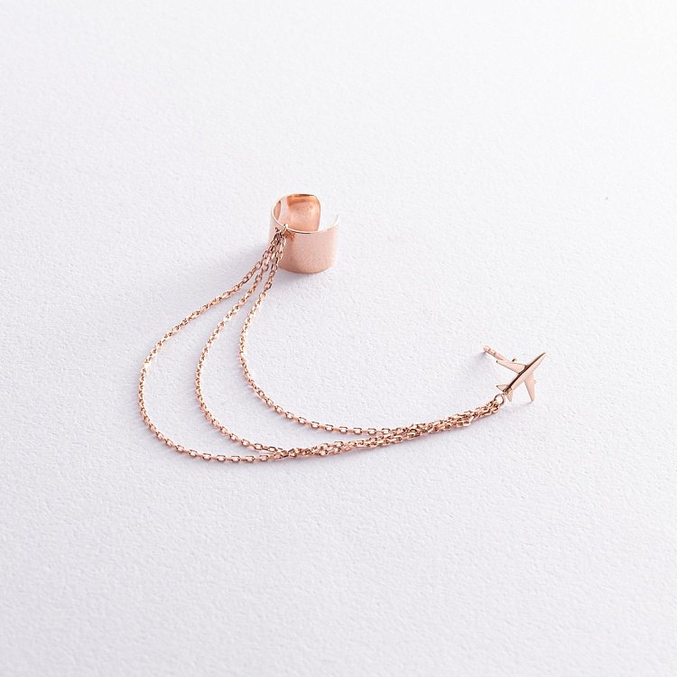 Серьга - каффа "Самолет" в красном золоте с цепочками с08386 от ювелирного магазина Оникс