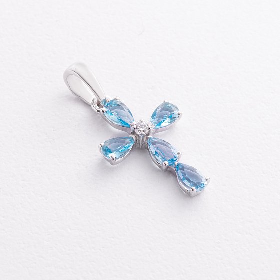 Серебряный крестик (голубой кварц, куб. цирконий) 3050/1р-QSWB