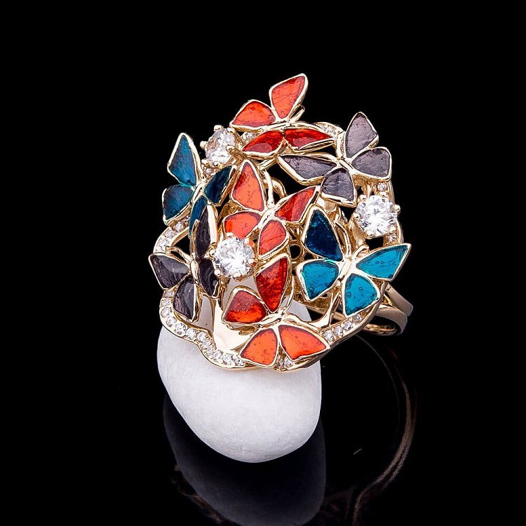 Эксклюзивное золотое кольцо "Бабочки" с эмалью и фианитами к04293 от ювелирного магазина Оникс - 4