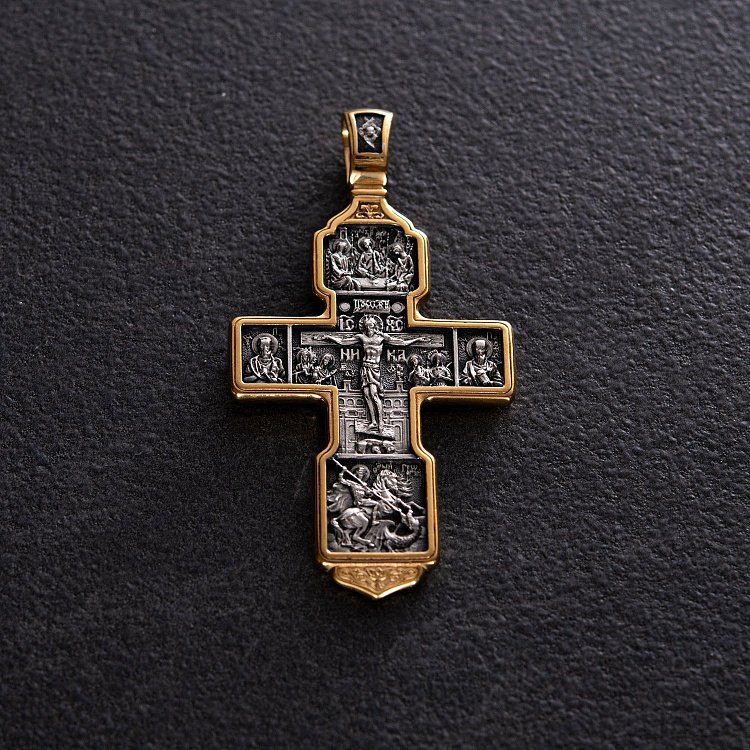 Серебряный крест "Распятие Христово. Архангел Михаил. Николай Чудотворец. Казанская икона" 132721 от ювелирного магазина Оникс