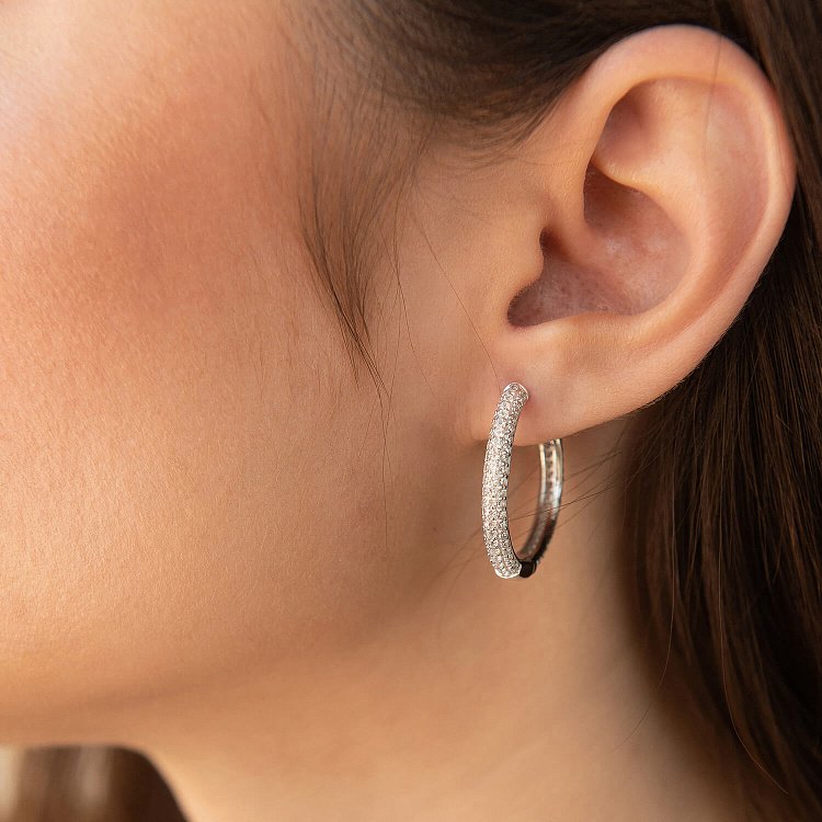 Серебряные серьги - кольца с фианитами 123303 от ювелирного магазина Оникс - 1