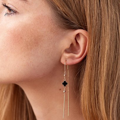 Золотые серьги - протяжки "Клевер" (эмаль) с08845 №2