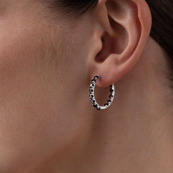 Серебряные серьги - кольца с черными фианитами 087610 №4