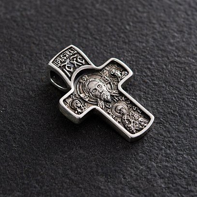 Серебряный крест "﻿Спас Нерукотворн​ый. Святитель Николай. Покров Пресвятой Богородицы" с чернением 132402 №2