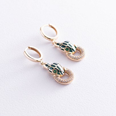 Золотые серьги "Змеи" (эмаль, фианит) с07017 №5