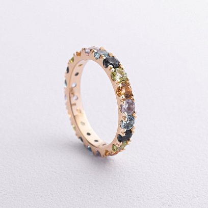 Золота каблучка з доріжкою різнокольорових натуральних каменів к07617