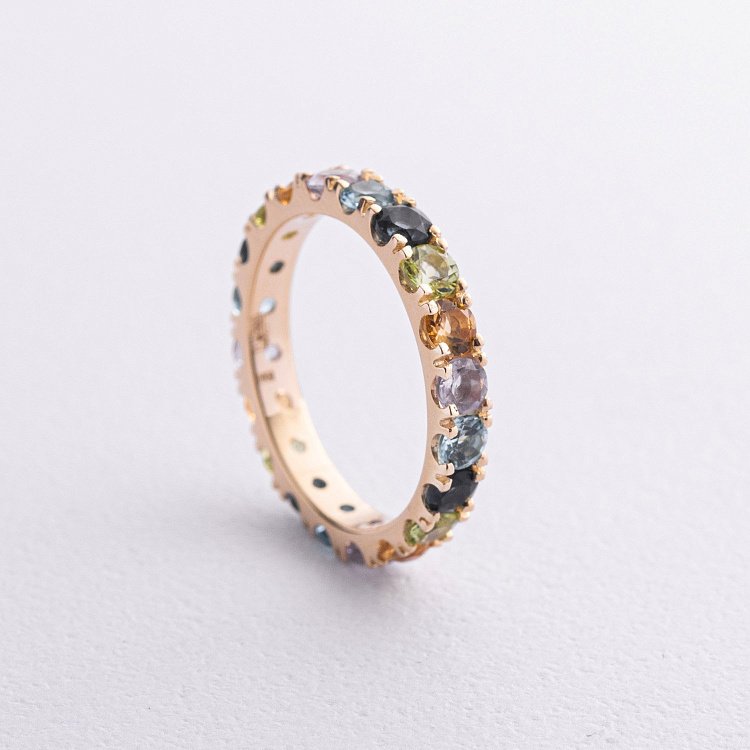 Золота каблучка з доріжкою різнокольорових натуральних каменів к07617 від ювелірного магазину Онікс