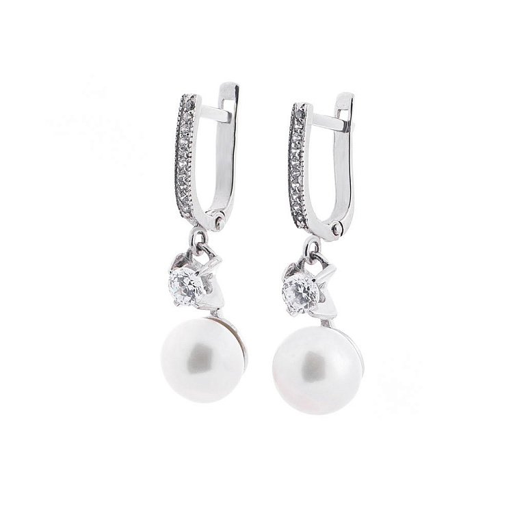 Золоті сережки з фіанітами і культ. прісн. перлами с02893 від ювелірного магазину Онікс - 2