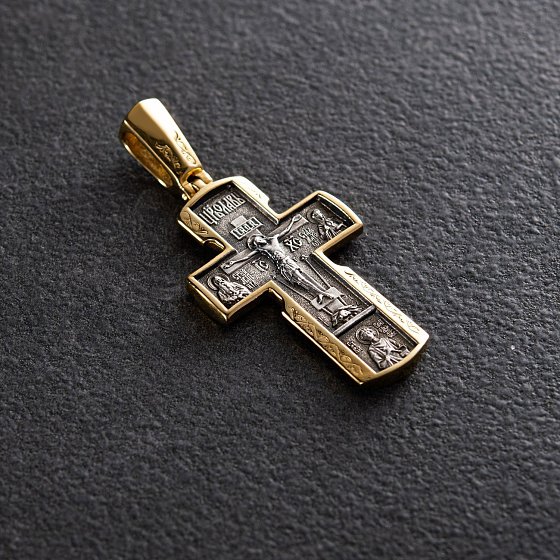 Срібний хрест "Розп'яття Христове. Ікона Божої Матері" з позолотою 132301 №2