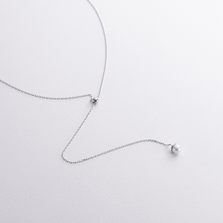 Кольє - краватка "Перлина на ланцюжку" в білому золоті (регульована довжина) кол02636 від ювелірного магазину Онікс