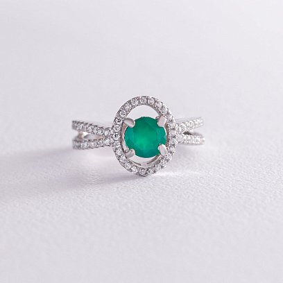 Срібна каблучка з хризопразом і фіанітами 111492