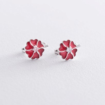 Дитячі срібні сережки "Квіточки" (фіаніт, емаль) 122708к
