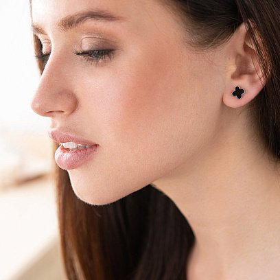 Серебряные серьги - пусеты "Клевер" (черная эмаль) 123049 №5