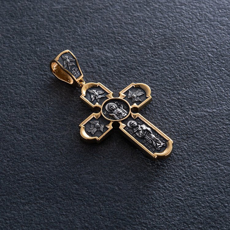 Православний срібний хрест "Розп'яття Христове. Спас Нерукотворний. Ікона Божої Матері знамення. Святитель Миколай" 133095 від ювелірного магазину Онікс - 4