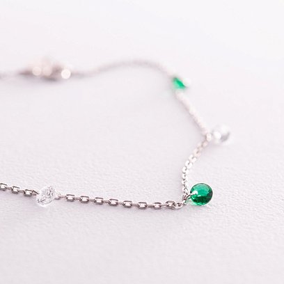 Браслет в серебре на ногу (зеленые и белые фианиты) 141625 №2