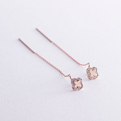 Золотые серьги - протяжки "Клевер" с фианитами с07951 №2