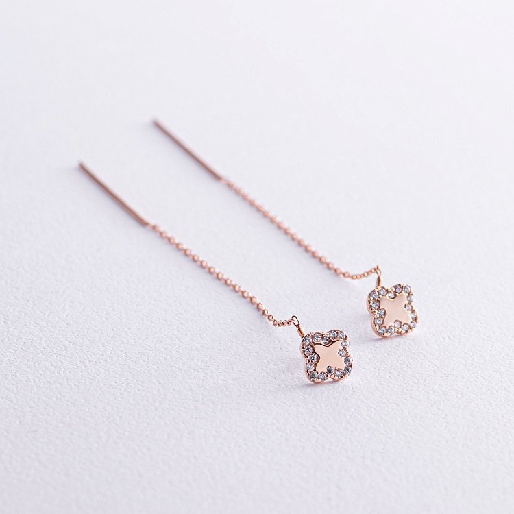 Золотые серьги - протяжки "Клевер" с фианитами с07951 от ювелирного магазина Оникс - 1