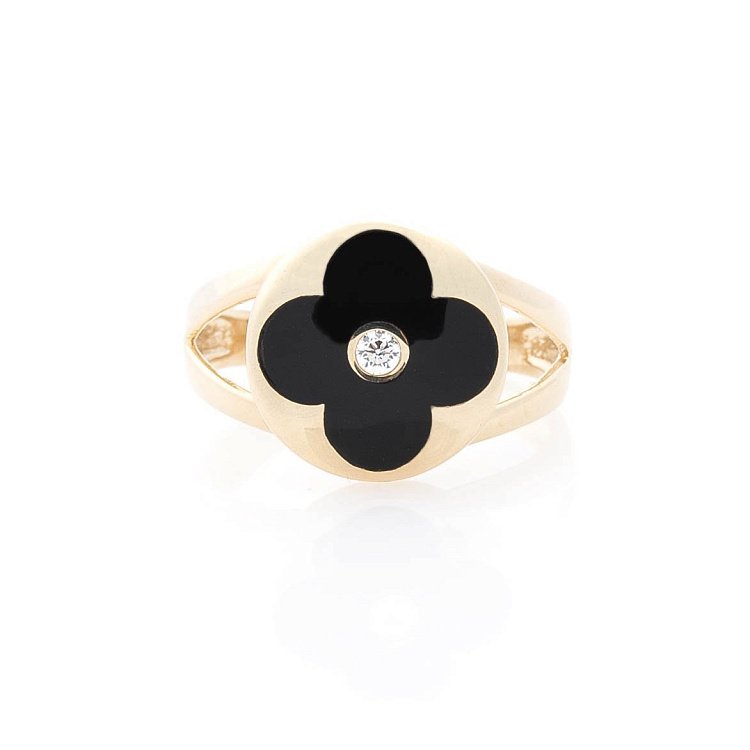 Золотое кольцо "Клевер" с фианитом и эмалью к05596 от ювелирного магазина Оникс - 2