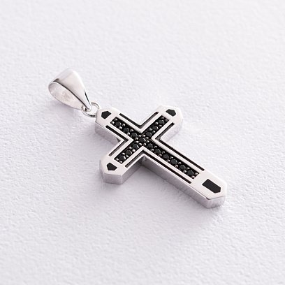 Хрест в білому золоті (чорні фіаніти) п03491