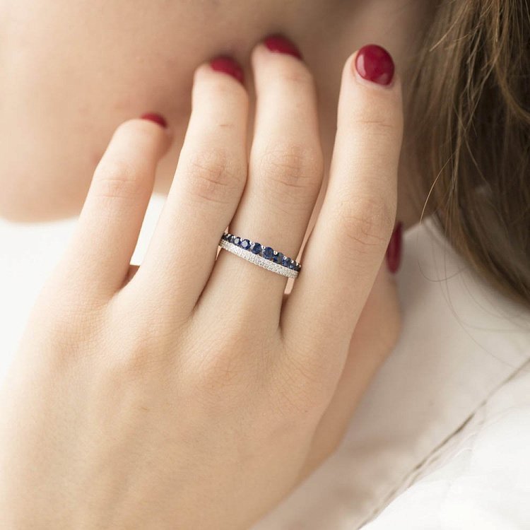 Золоте колечко з синіми сапфірами і діамантами кб0186лг від ювелірного магазину Онікс - 3