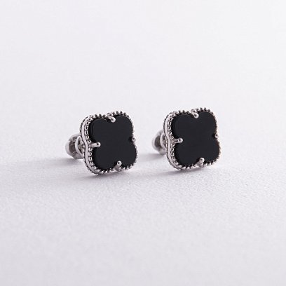 Серебряные серьги - пусеты "Клевер" (синт. оникс) OR128220 №7