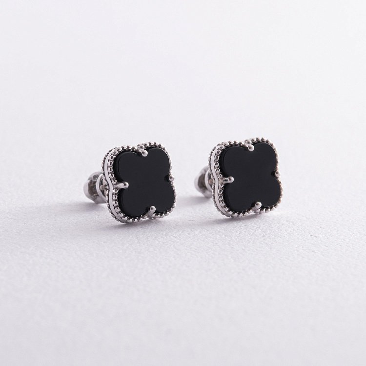 Серебряные серьги - пусеты "Клевер" (синт. оникс) OR128220 от ювелирного магазина Оникс - 6