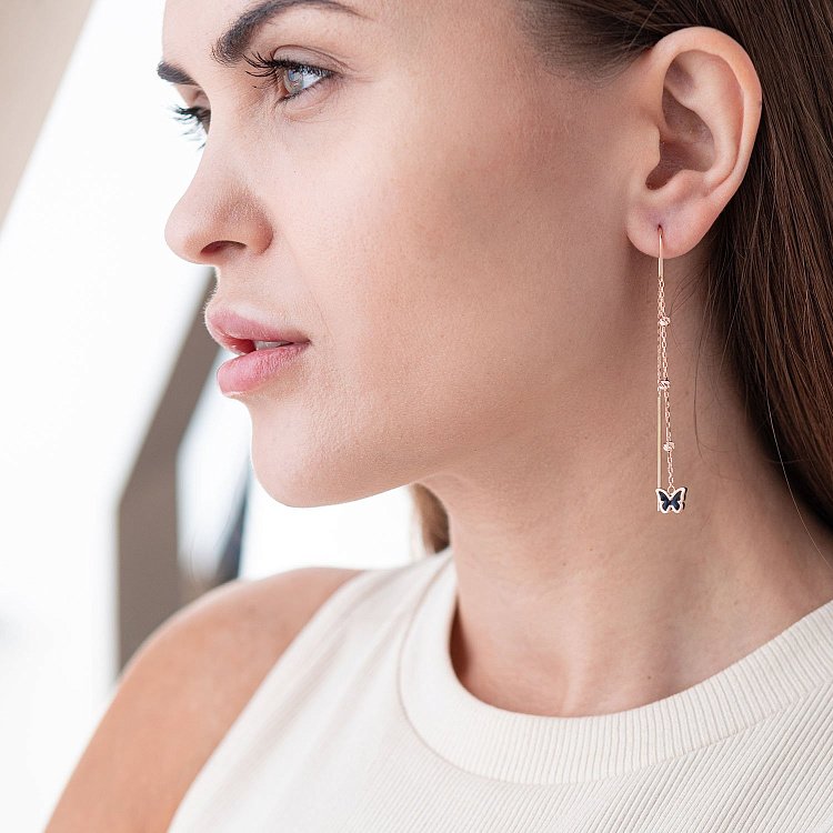 Золоті сережки - протяжки "Метелики" (емаль) с07349 від ювелірного магазину Онікс - 1