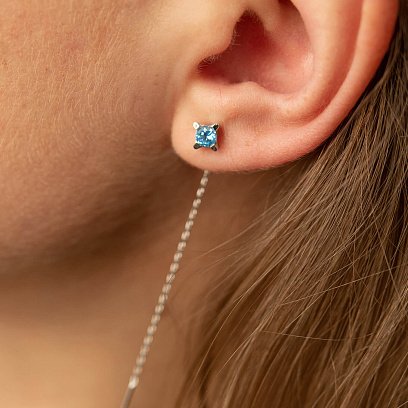 Серьги - протяжки в белом золоте (голубые и желтые фианиты) с08122 №6