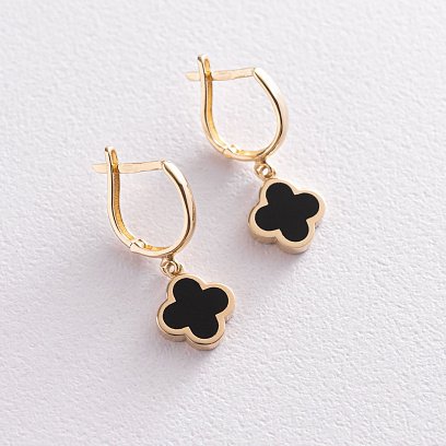 Золотые серьги "Клевер" с емалью с07133