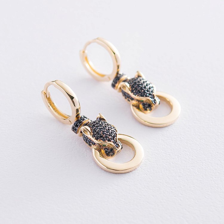 Серьги "Пантера" в желтом золоте (черные фианиты) с07159 от ювелирного магазина Оникс