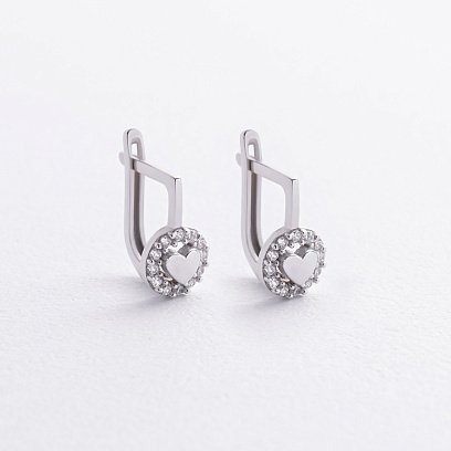 Детские серьги "Сердечки" в белом золоте (фианиты) с09283
