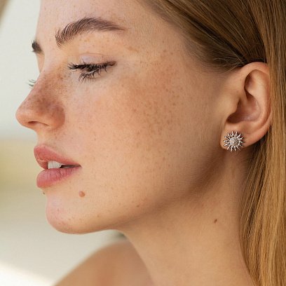 Серьги - пусеты "Подсолнухи" в белом золоте с08672 №4