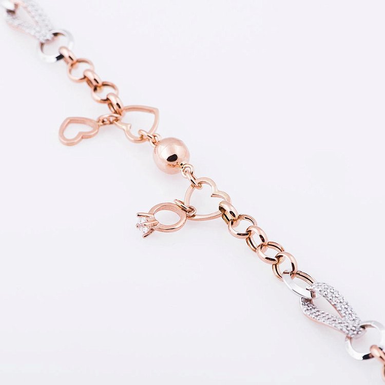 Золотой браслет с сердечком и колечком (фианиты) б02800 от ювелирного магазина Оникс - 2