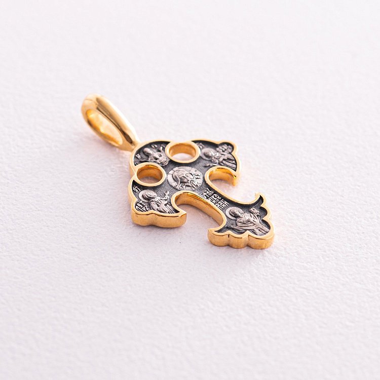 Серебряный православный крестик с позолотой "Спас Нерукотворный. Прп. Петр и Феврония Муромские. Свт. Николай Мирликийский" 131390 от ювелирного магазина Оникс