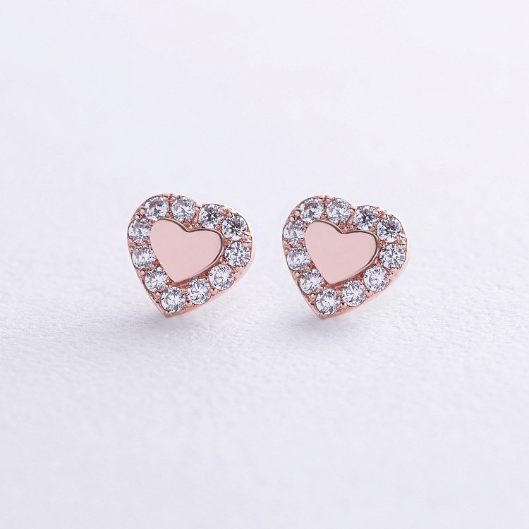 Серьги - пусеты "Сердечки" с фианитами (красное золото) с03203 от ювелирного магазина Оникс