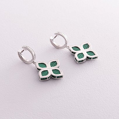 Серебряные серьги "Клевер" (синт. малахит, фианиты) 123254 №3