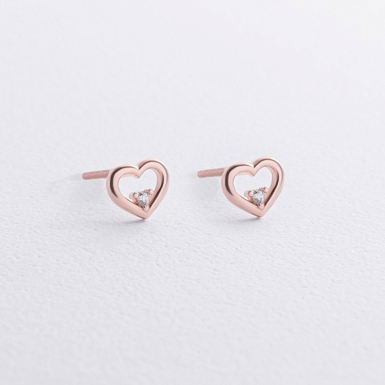 Серьги - пусеты "Сердечки" в красном золоте (фианиты) с08613 от ювелирного магазина Оникс