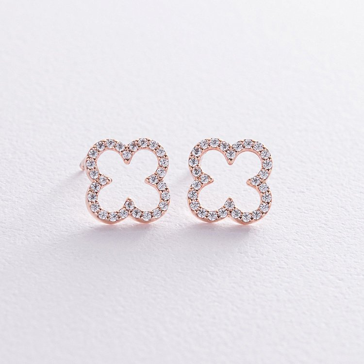 Сережки - пусети "Конюшина" з фіанітами (червоне золото) с08442 від ювелірного магазину Онікс - 5