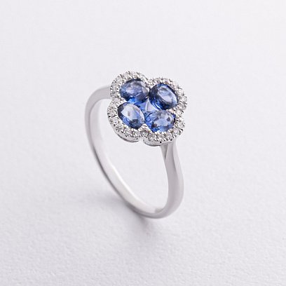 Золотое кольцо "Клевер" с бриллиантами и сапфирами кб0544mi