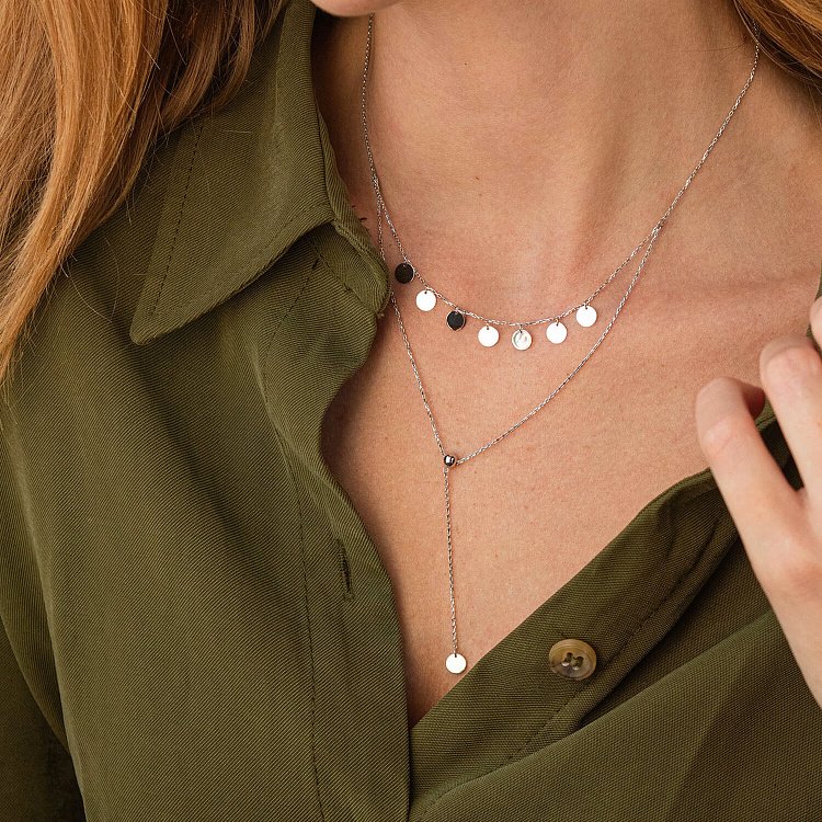 Двойное колье - галстук "Монетки" в белом золоте кол02283 от ювелирного магазина Оникс - 1