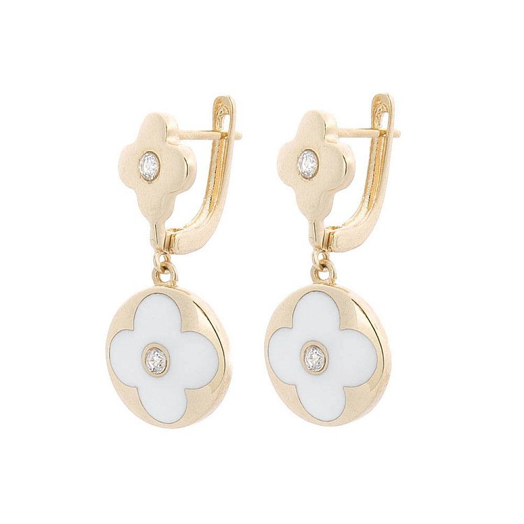 Золотые серьги "Клевер" (эмаль, фианит) с05387 от ювелирного магазина Оникс - 1