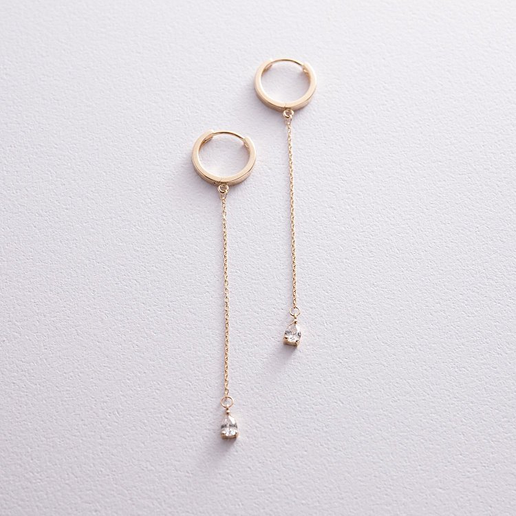 Серьги - кольца "Капельки"  с фианитами (желтое золото) с08352 от ювелирного магазина Оникс