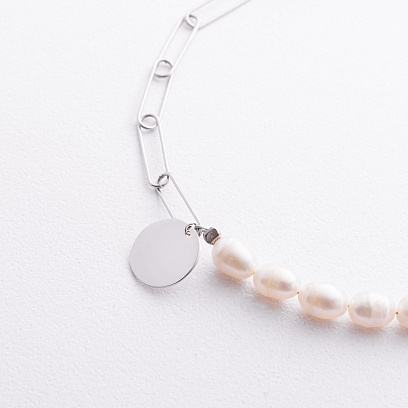 Серебряное колье "Монетка" с жемчугом 908-01436