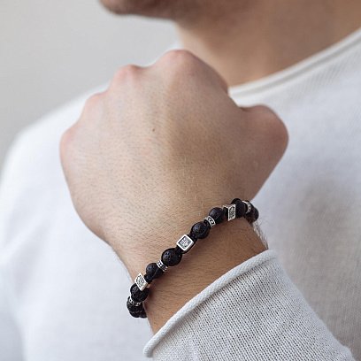 Браслет "Герб України - Тризуб" з вулканічного каменю та срібла 1290 №2