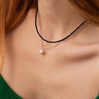 Серебряное двойное колье (хрусталь, жемчуг) 908-01428 №2