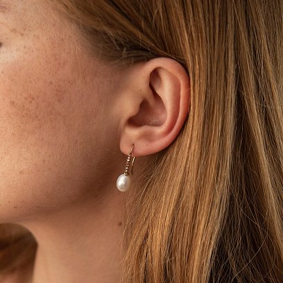 Золотые серьги - петельки "Оливия" с жемчугом и фианитами с08514 №2