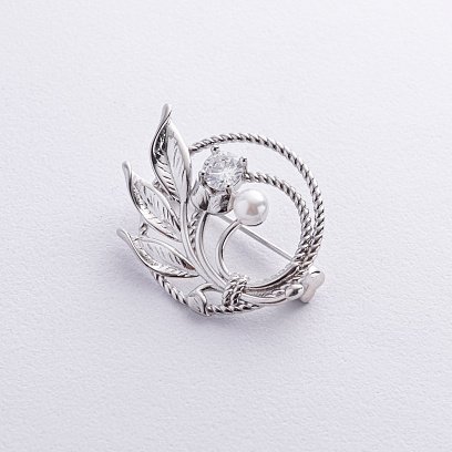 Серебряная брошь с жемчужиной и фианитом 16152