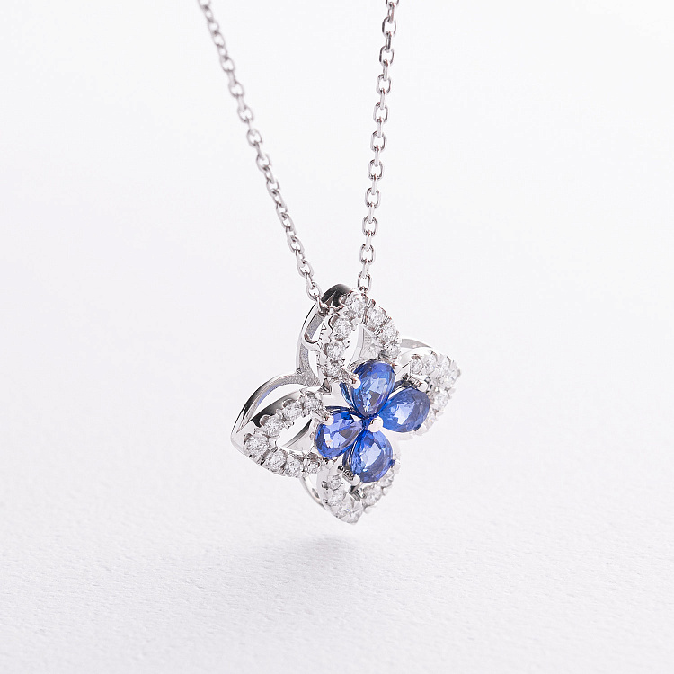 Кольє "Конюшина" в білому золоті (діаманти, сапфіри) колб0191sm від ювелірного магазину Онікс